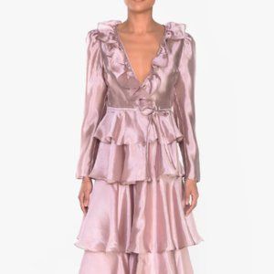 True Decadence Light Mauve Wrap Blouse Frill Neckline & Tiered Midi Skirt Set